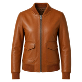 Women’s Cognac Brown Leather Bomber Jacket | Ribbed Collar Zip Flight Jacket