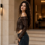 Women’s Dark Brown Cropped Leather Jacket | Asymmetric Biker Jacket