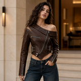 Women’s Dark Brown Cropped Leather Jacket | Asymmetric Biker Jacket