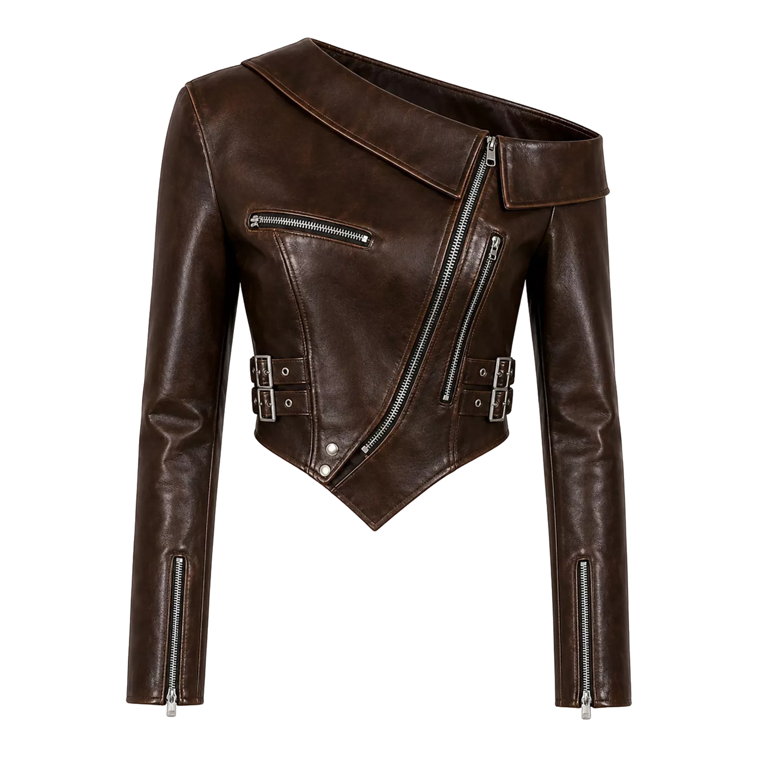 Women’s Dark Brown Cropped Leather Jacket | Asymmetric Biker Jacket
