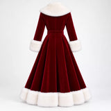 Women's Deep Burgundy Velvet Christmas Long Coat with White Faux Fur Trim
