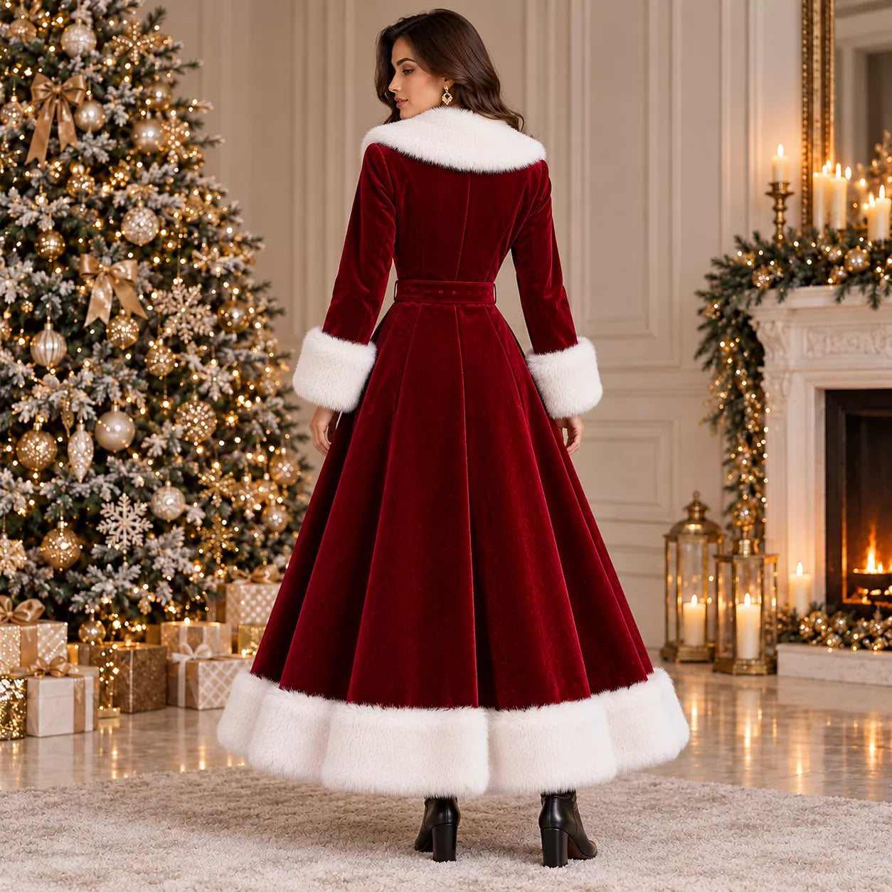 Women's Deep Burgundy Velvet Christmas Long Coat with White Faux Fur Trim
