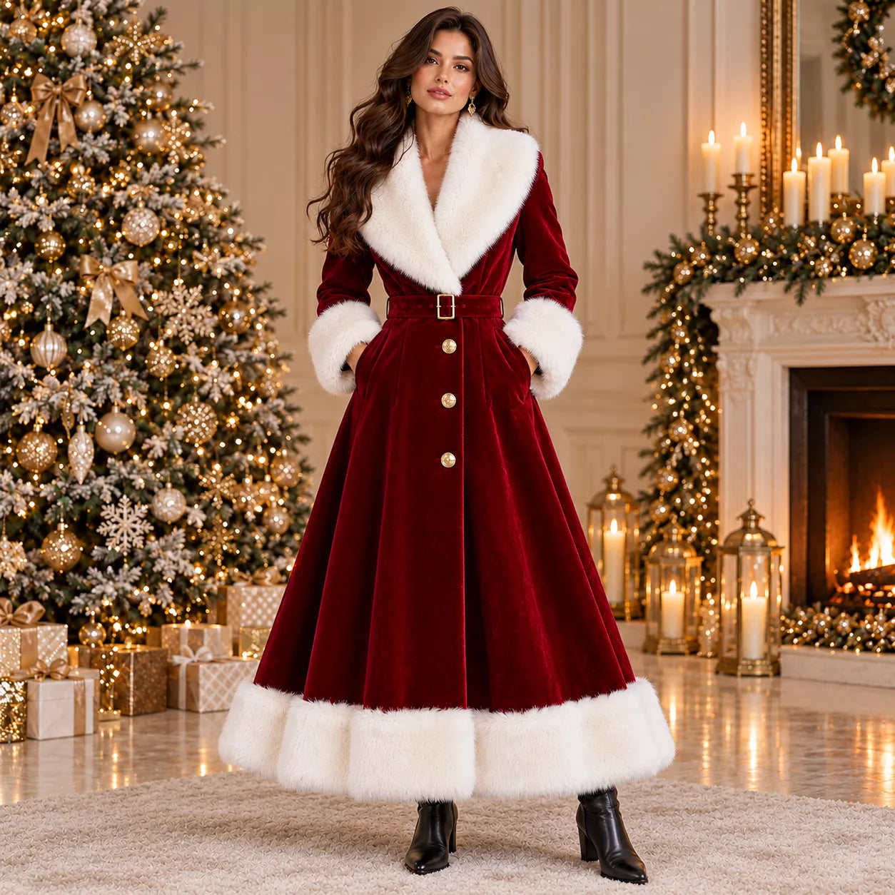 Women's Deep Burgundy Velvet Christmas Long Coat with White Faux Fur Trim