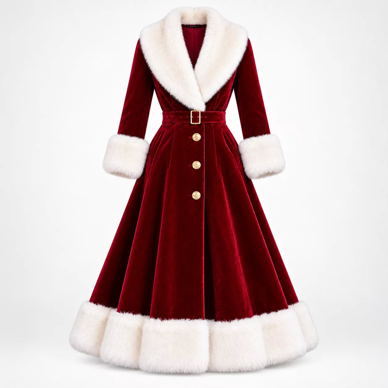 Women's Deep Burgundy Velvet Christmas Long Coat with White Faux Fur Trim