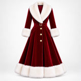 Women's Deep Burgundy Velvet Christmas Long Coat with White Faux Fur Trim