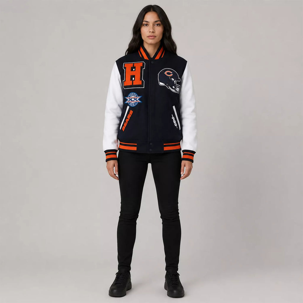 Women's Navy Orange Football Patch Varsity Jacket | Wool & Leather Sleeve Jacket