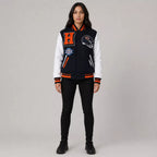 Women's Navy Orange Football Patch Varsity Jacket | Wool & Leather Sleeve Jacket