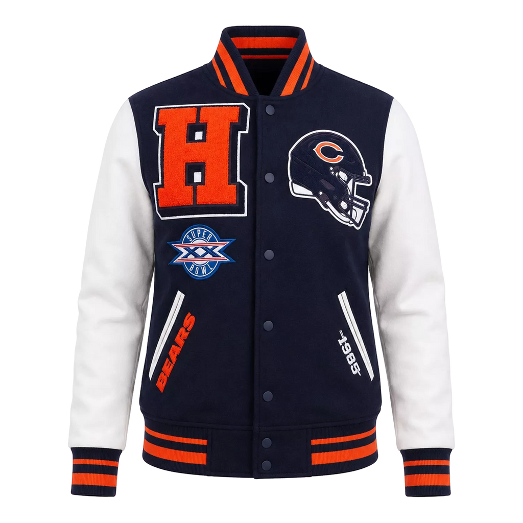 Women's Navy Orange Football Patch Varsity Jacket | Wool & Leather Sleeve Jacket