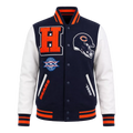 Women's Navy Orange Football Patch Varsity Jacket | Wool & Leather Sleeve Jacket