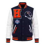 Women's Navy Orange Football Patch Varsity Jacket | Wool & Leather Sleeve Jacket