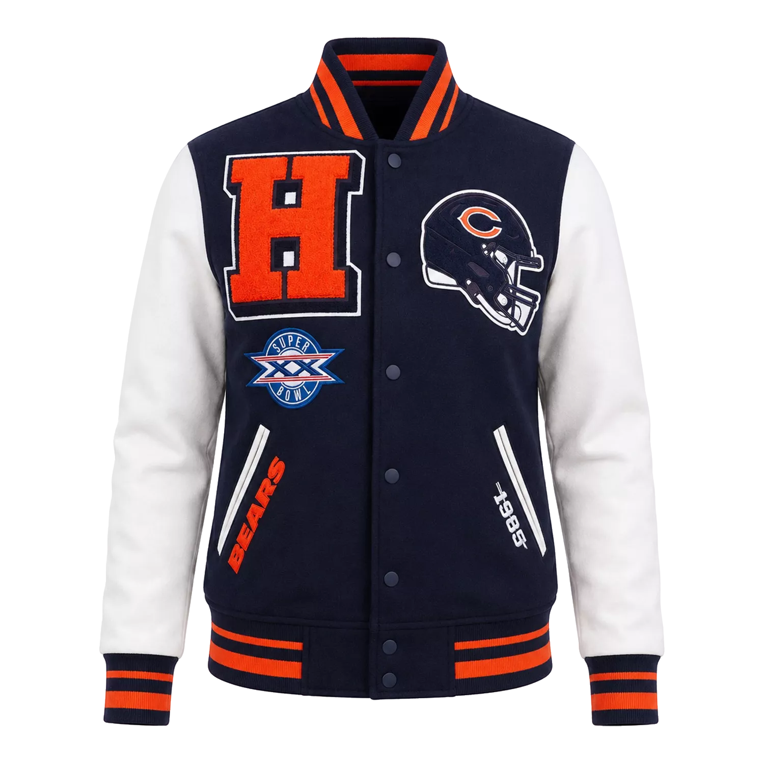 Women's Navy Orange Football Patch Varsity Jacket | Wool & Leather Sleeve Jacket