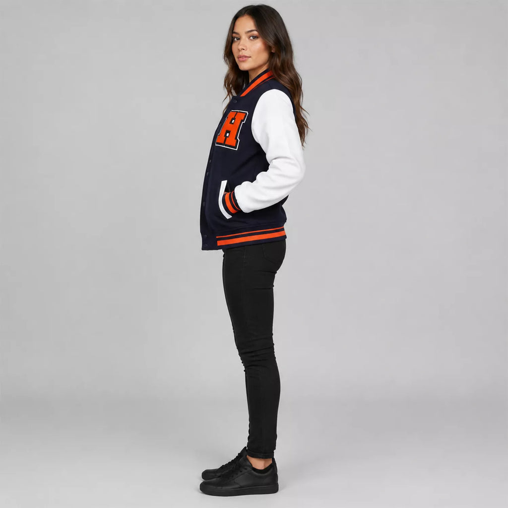 Women's Navy Orange Football Patch Varsity Jacket | Wool & Leather Sleeve Jacket