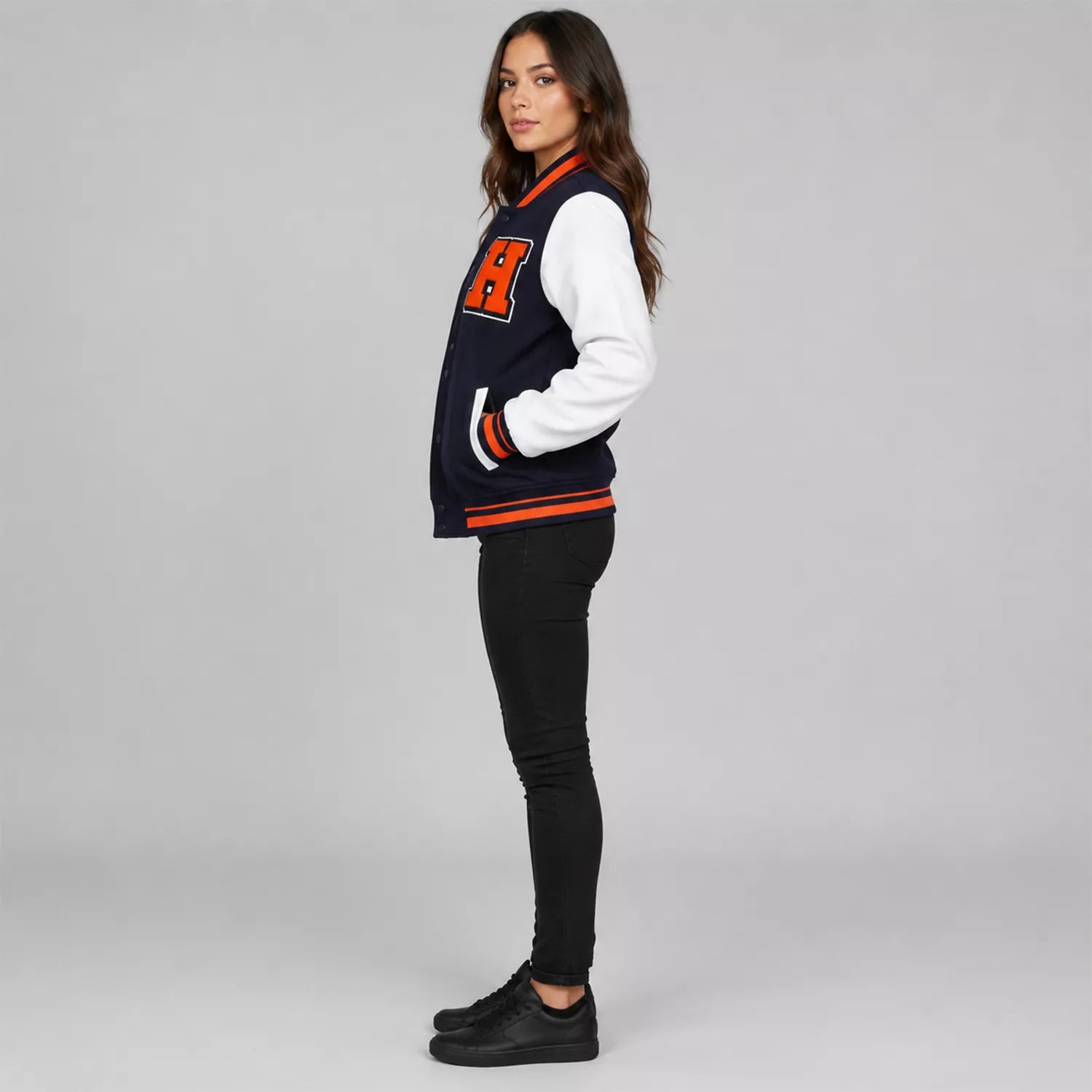 Women's Navy Orange Football Patch Varsity Jacket | Wool & Leather Sleeve Jacket