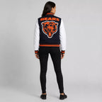 Women's Navy Orange Football Patch Varsity Jacket | Wool & Leather Sleeve Jacket