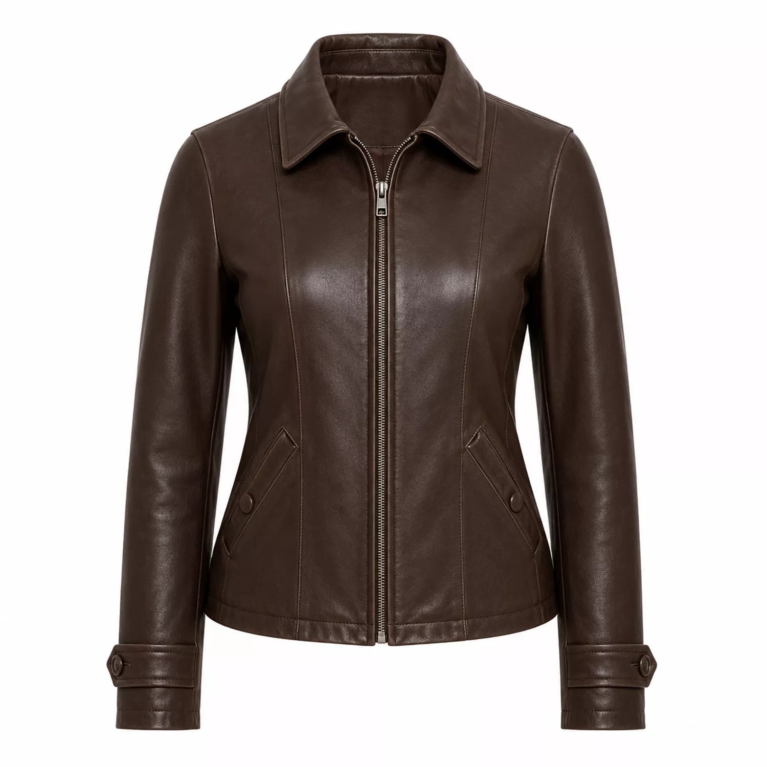 Women’s Dark Brown Leather Jacket | Classic Zip Style