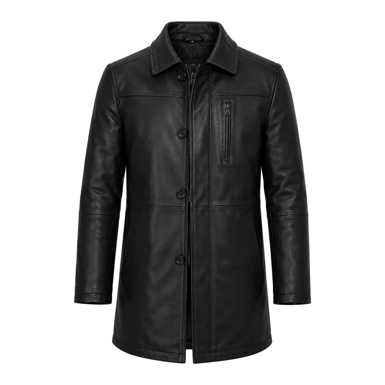 Men’s Black Leather Workwear Coat | Classic Zip & Button Front Utility Jacket
