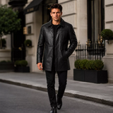 Men’s Black Leather Workwear Coat | Classic Zip & Button Front Utility Jacket