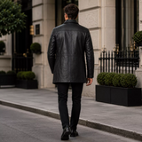 Men’s Black Leather Workwear Coat | Classic Zip & Button Front Utility Jacket