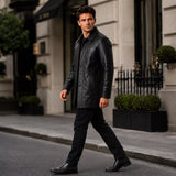 Men’s Black Leather Workwear Coat | Classic Zip & Button Front Utility Jacket