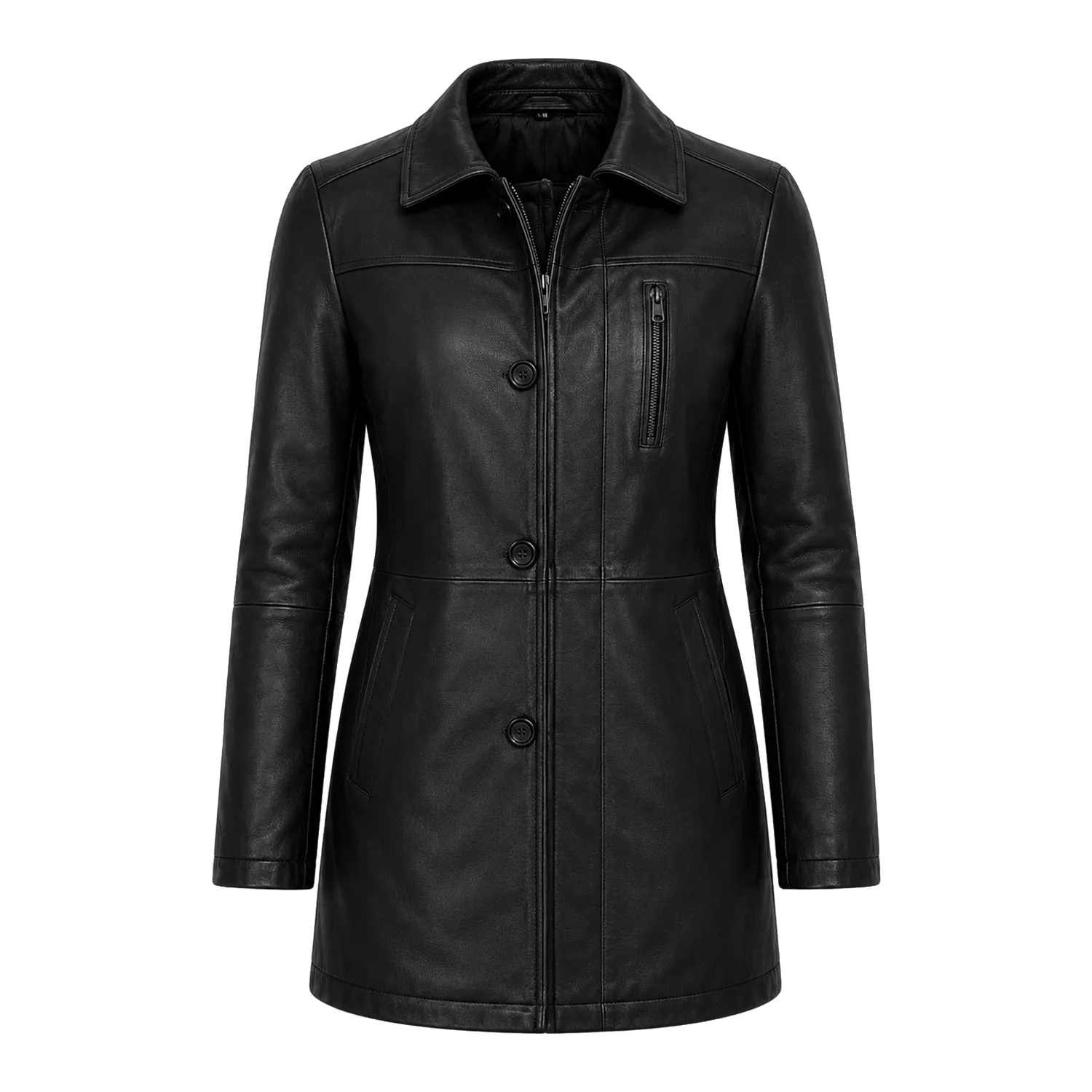 Women’s Black Leather Workwear Coat | Zip & Button Front Utility Jacket