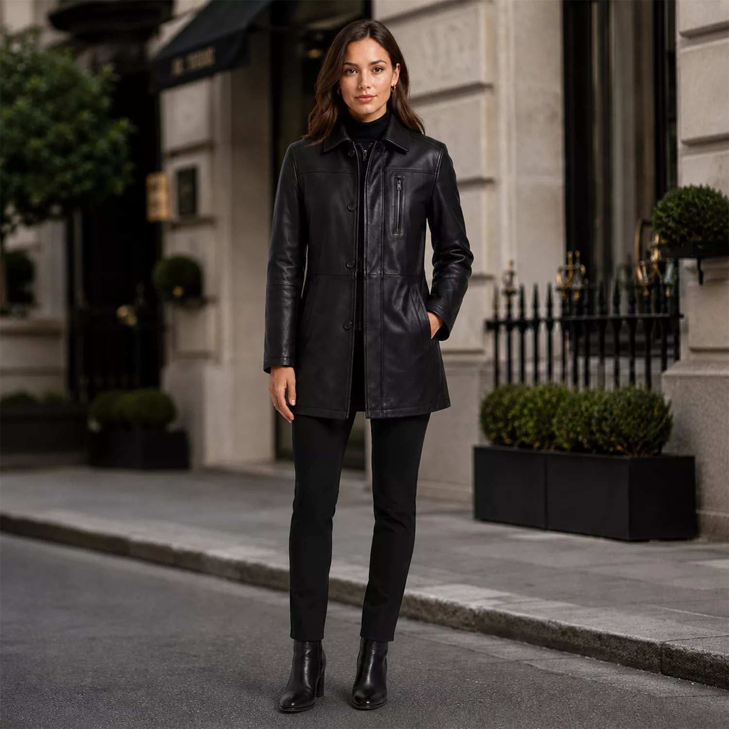 Women’s Black Leather Workwear Coat | Zip & Button Front Utility Jacket